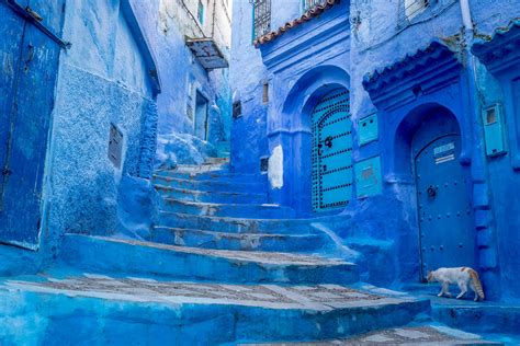 blue buildings in morocco.